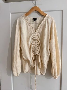 Daytrip Cream Drawstring V-Neck Textured Blouse